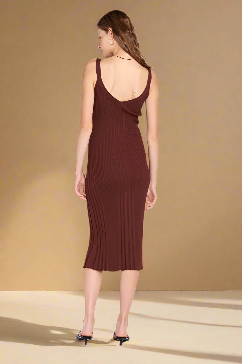 V NECK RIBBED MIDI DRESS with OPEN BACK