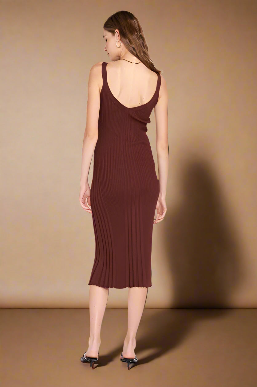 V NECK RIBBED MIDI DRESS with OPEN BACK