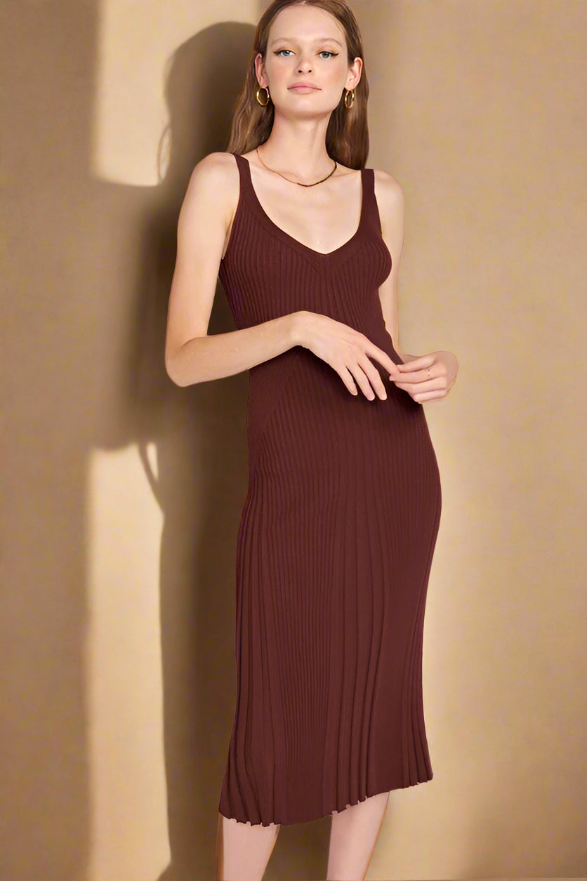 V NECK RIBBED MIDI DRESS with OPEN BACK