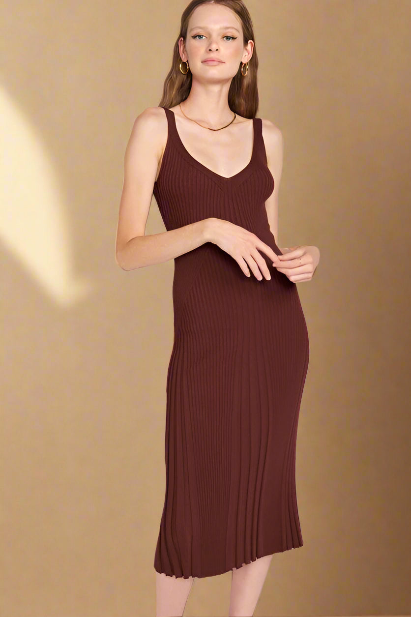 V NECK RIBBED MIDI DRESS with OPEN BACK
