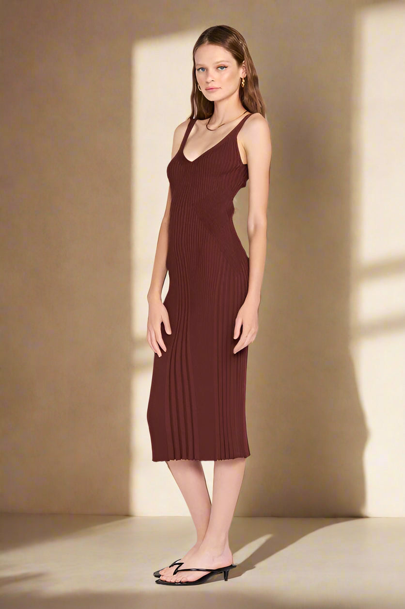 V NECK RIBBED MIDI DRESS with OPEN BACK