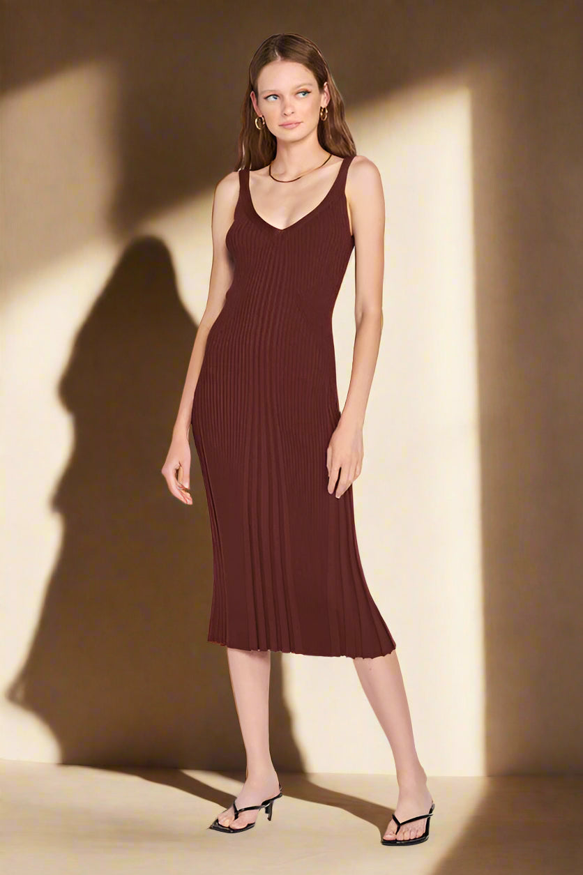 V NECK RIBBED MIDI DRESS with OPEN BACK
