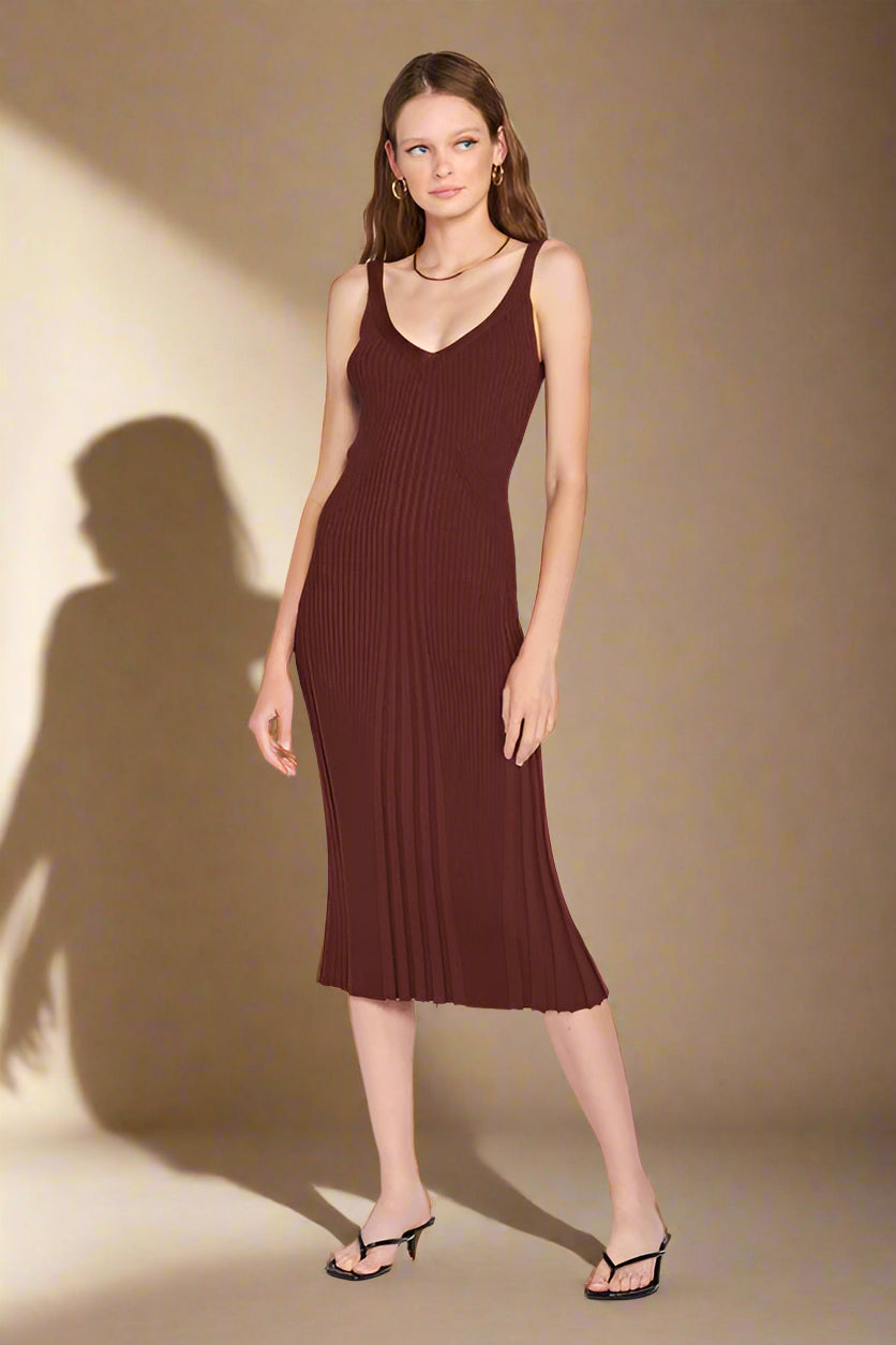 V NECK RIBBED MIDI DRESS with OPEN BACK