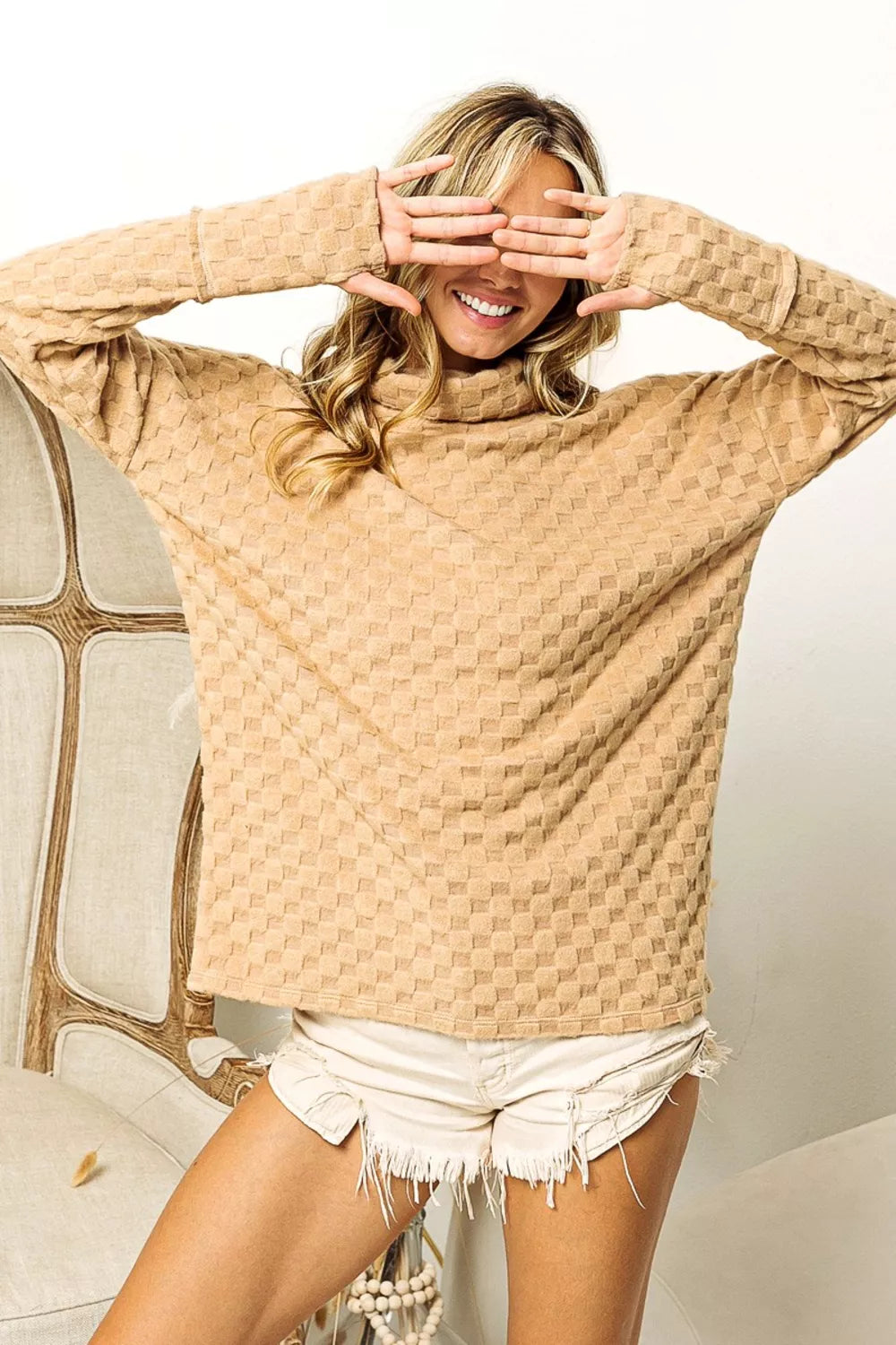 Bibi Checkered round Neck Thumbhole Long Sleeve Top