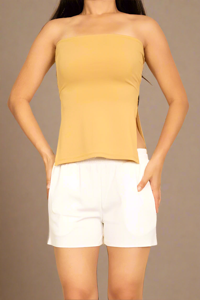 Strapless Ribbed Side-Slit Flare Top