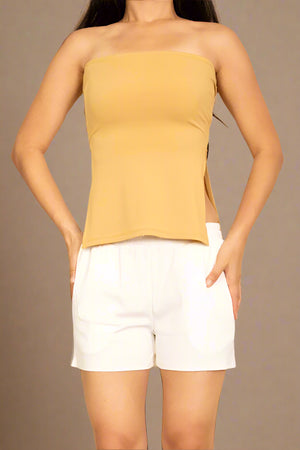Strapless Ribbed Side-Slit Flare Top