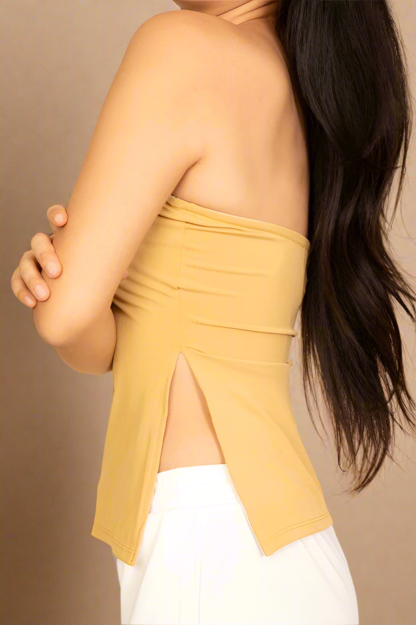 Strapless Ribbed Side-Slit Flare Top