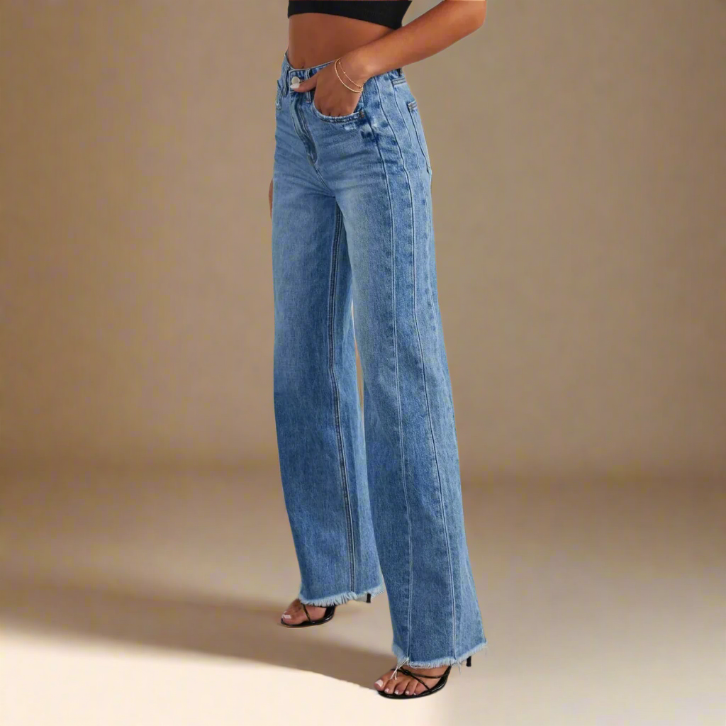 Raw Hem Wide Leg Jeans with Pockets