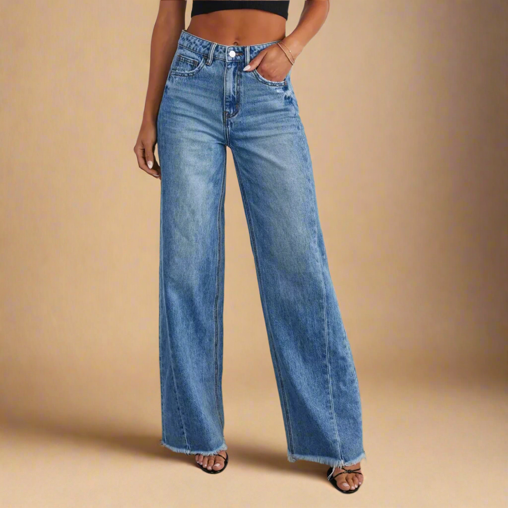 Raw Hem Wide Leg Jeans with Pockets