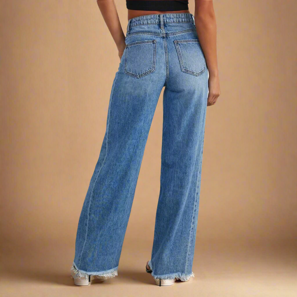 Raw Hem Wide Leg Jeans with Pockets