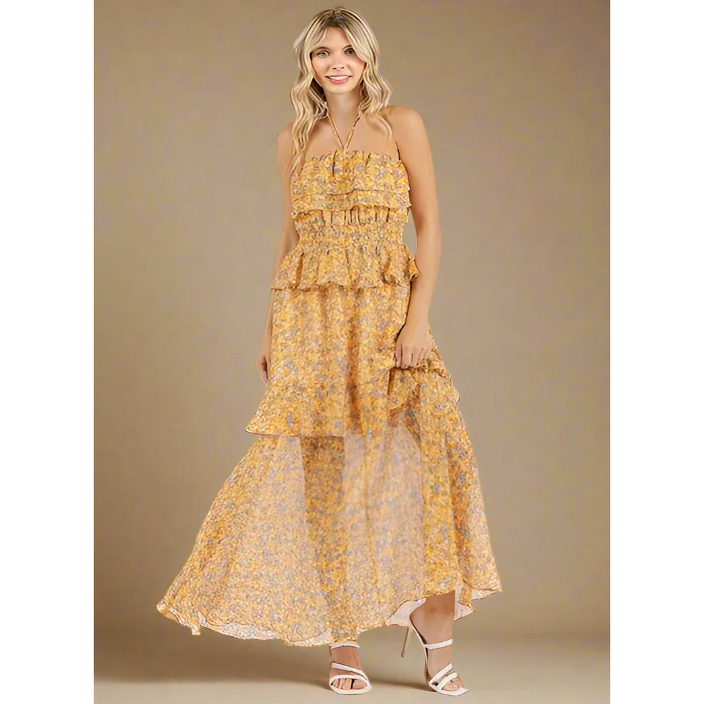 Mittoshop Ruffled Smocked Floral Halter Neck Maxi Dress