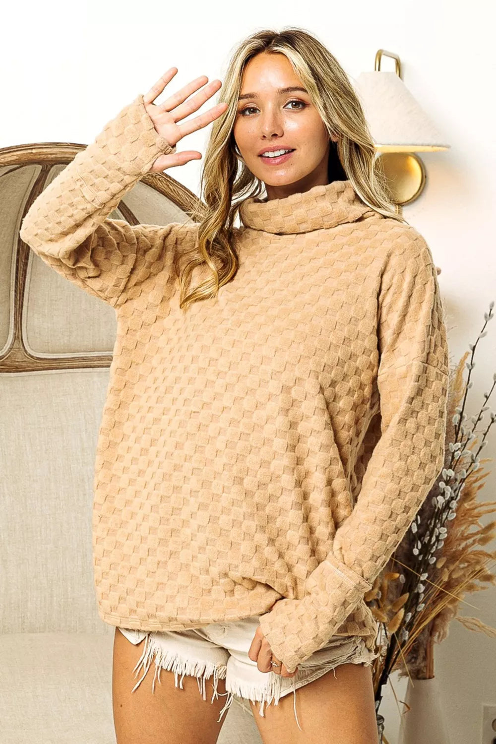 Bibi Checkered round Neck Thumbhole Long Sleeve Top