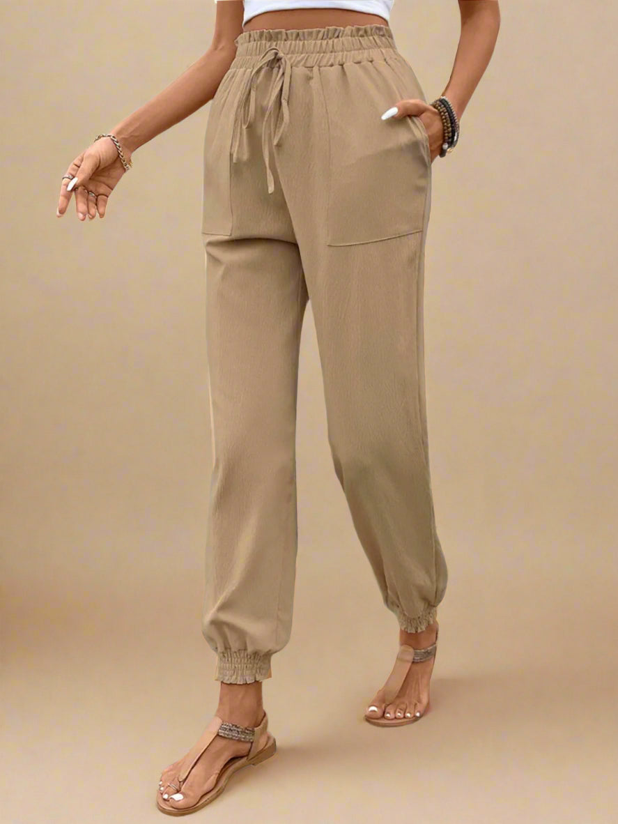 Tied Elastic Waist Pants with Pockets