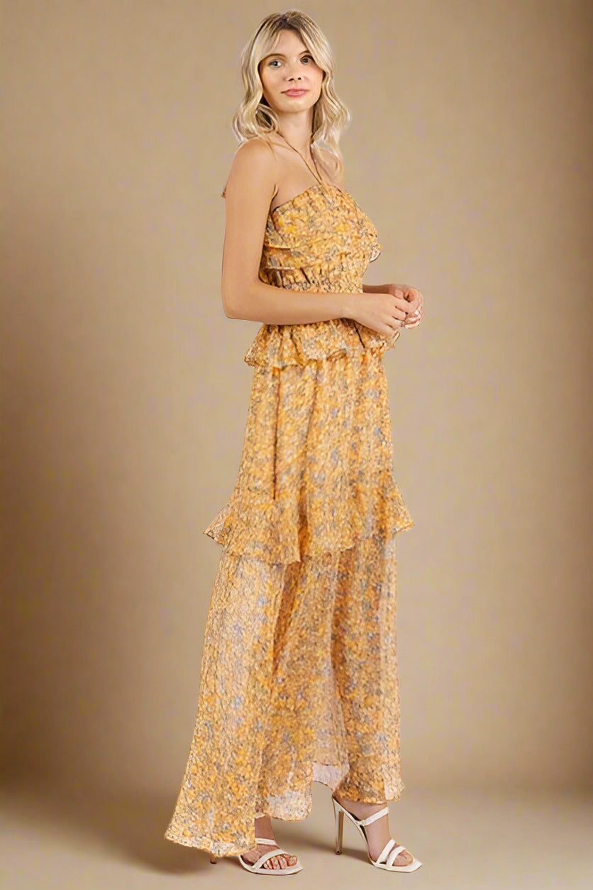 Mittoshop Ruffled Smocked Floral Halter Neck Maxi Dress