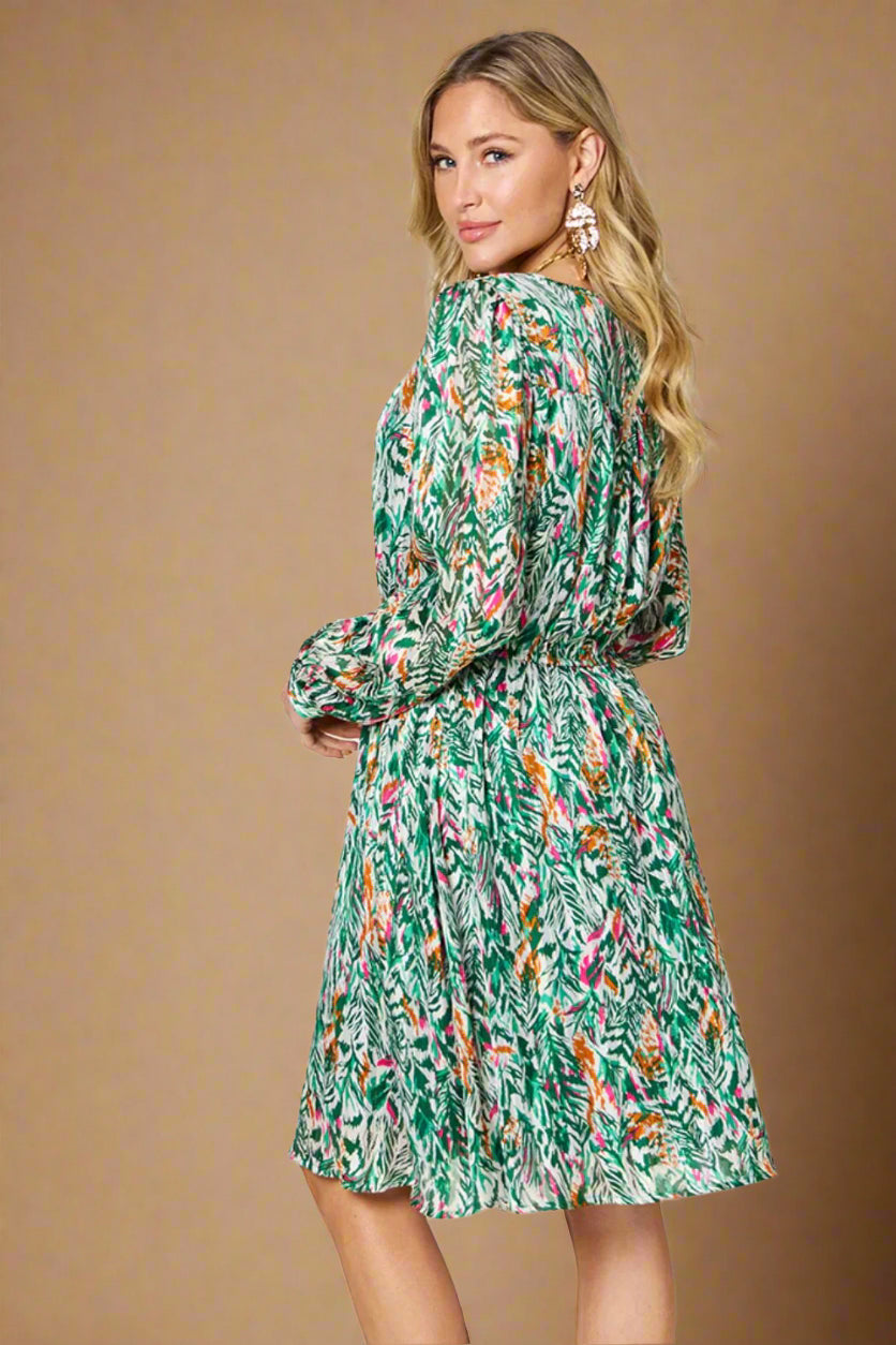 Double Take Full Size Printed Drawstring Waist Long Sleeve Dress