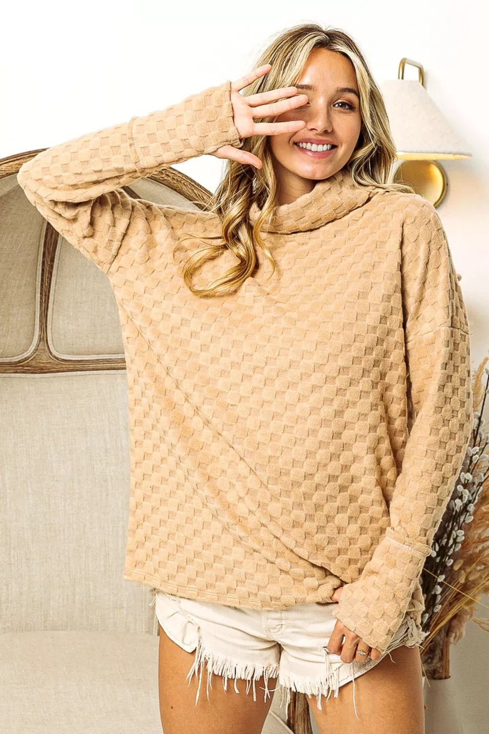 Bibi Checkered round Neck Thumbhole Long Sleeve Top