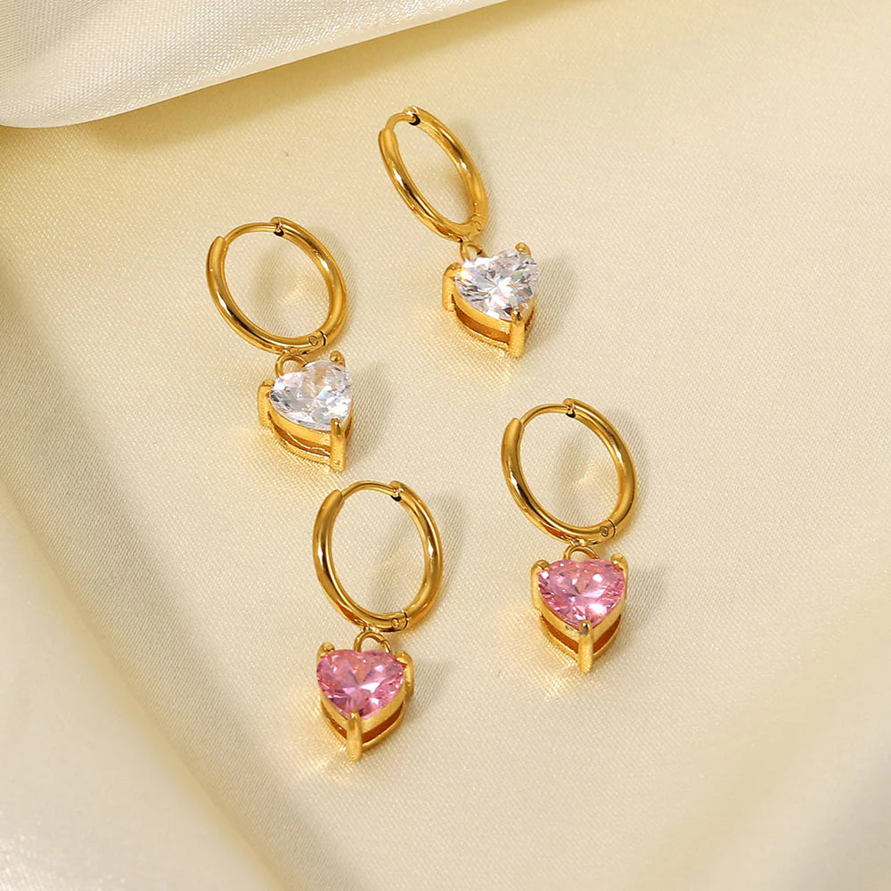 White Heart Cubic Zirconia Huggie Hoop Earrings - 18K Gold Plated