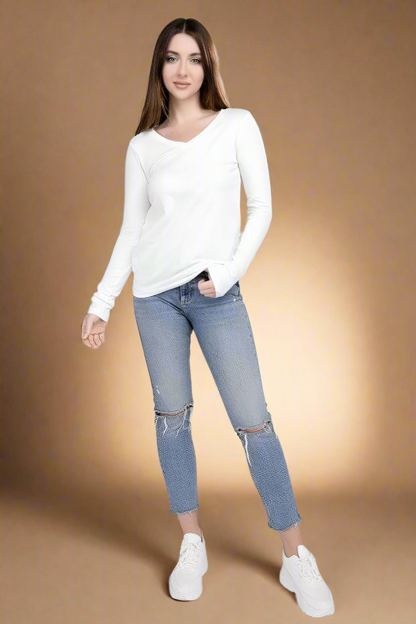 Cotton V-Neck Long Sleeve T-Shirt