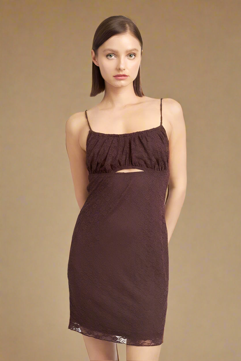 SPAGHETTI STRAP RUCHED BUST MINI DRESS