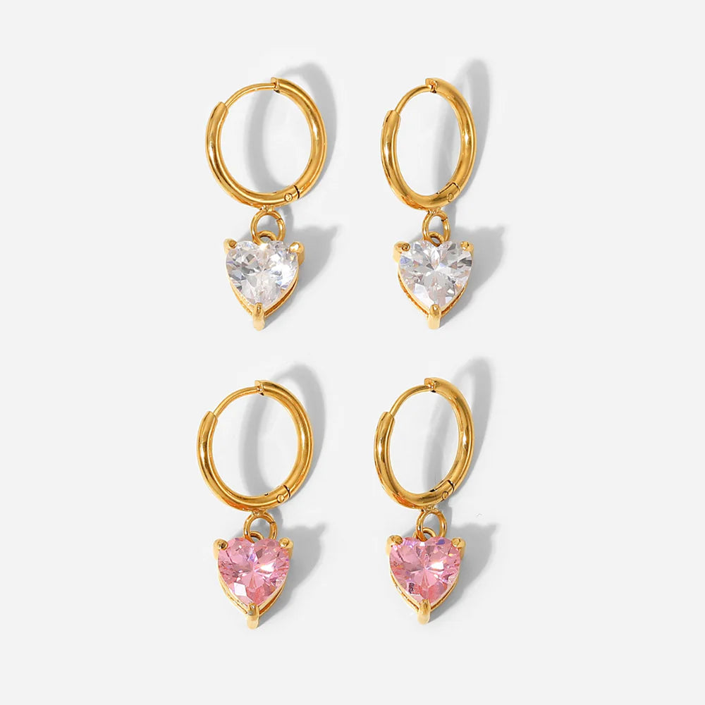 White Heart Cubic Zirconia Huggie Hoop Earrings - 18K Gold Plated