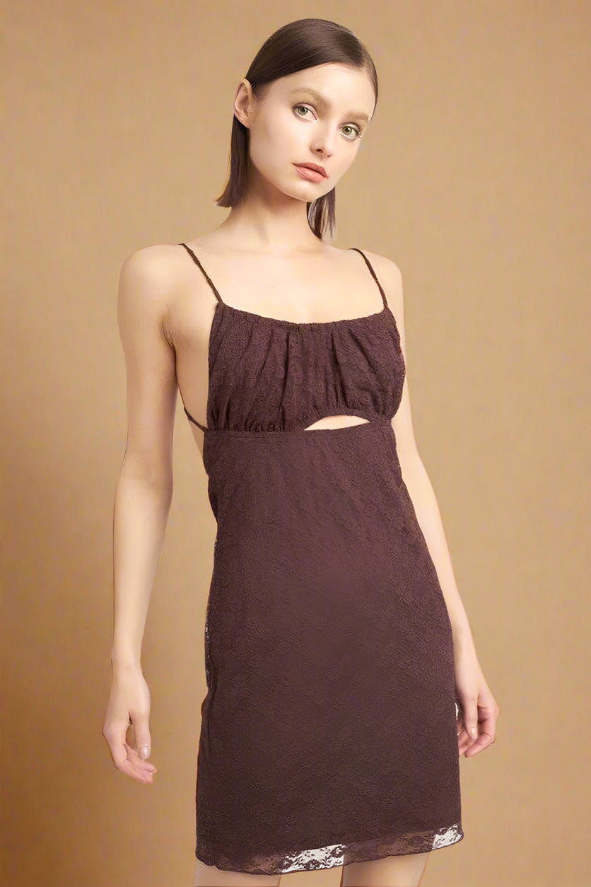 SPAGHETTI STRAP RUCHED BUST MINI DRESS