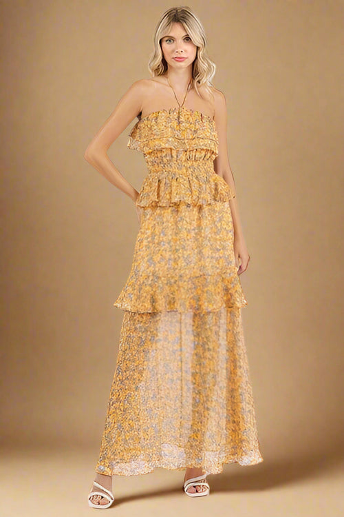Mittoshop Ruffled Smocked Floral Halter Neck Maxi Dress