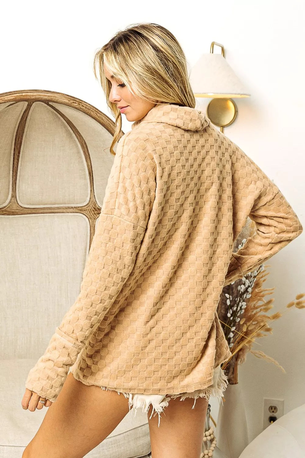 Bibi Checkered round Neck Thumbhole Long Sleeve Top