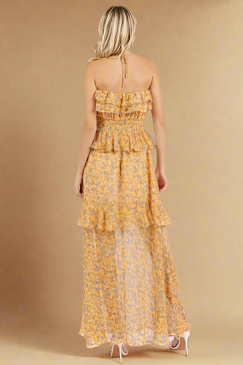 Mittoshop Ruffled Smocked Floral Halter Neck Maxi Dress