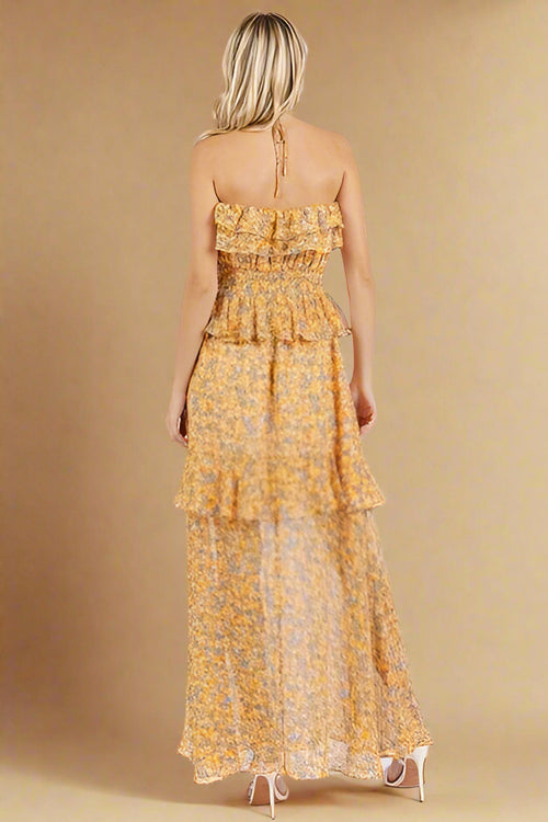 Mittoshop Ruffled Smocked Floral Halter Neck Maxi Dress