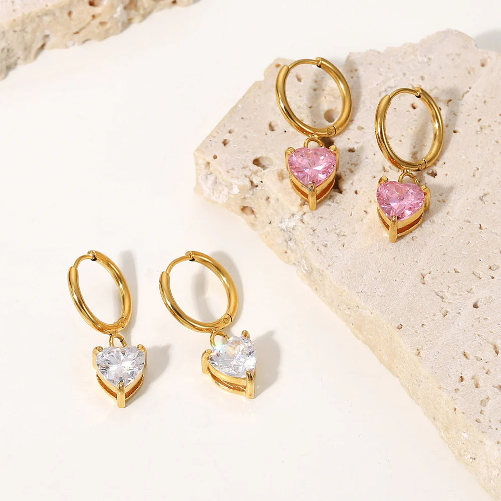 White Heart Cubic Zirconia Huggie Hoop Earrings - 18K Gold Plated