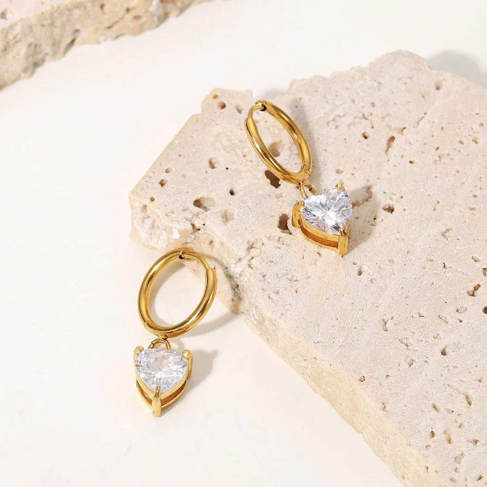 White Heart Cubic Zirconia Huggie Hoop Earrings - 18K Gold Plated