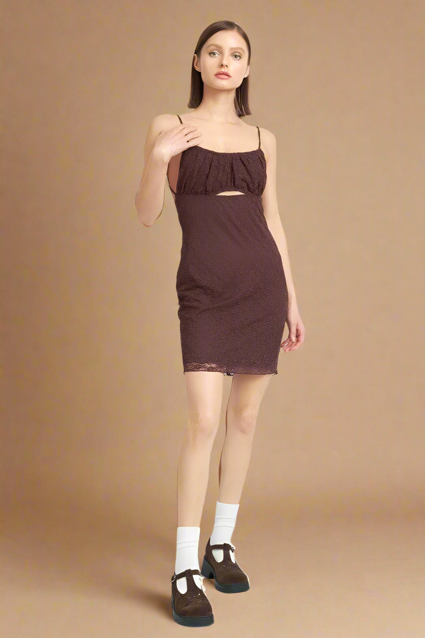 SPAGHETTI STRAP RUCHED BUST MINI DRESS