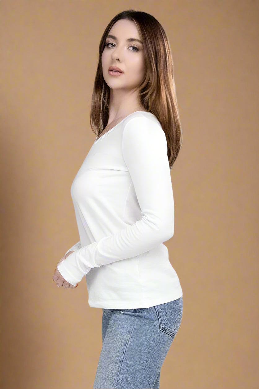 Cotton V-Neck Long Sleeve T-Shirt