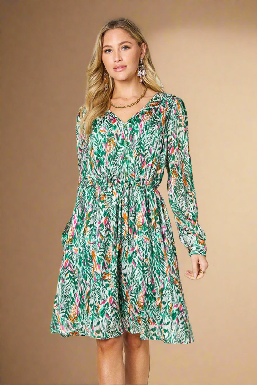 Double Take Full Size Printed Drawstring Waist Long Sleeve Dress