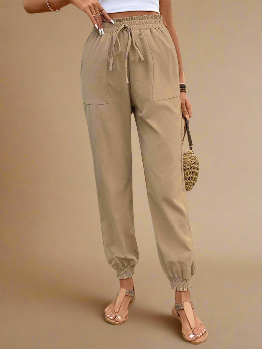 Tied Elastic Waist Pants with Pockets